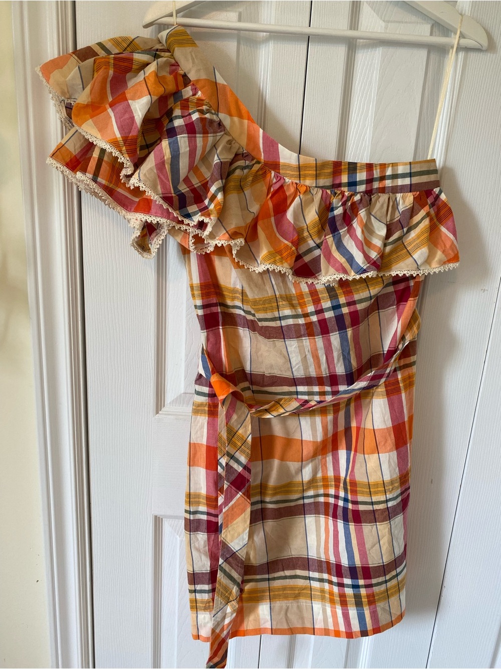 Trina Turk Reyes Dress Multicolor Plaid One-Shoulder Ruffle tie belt Size 6